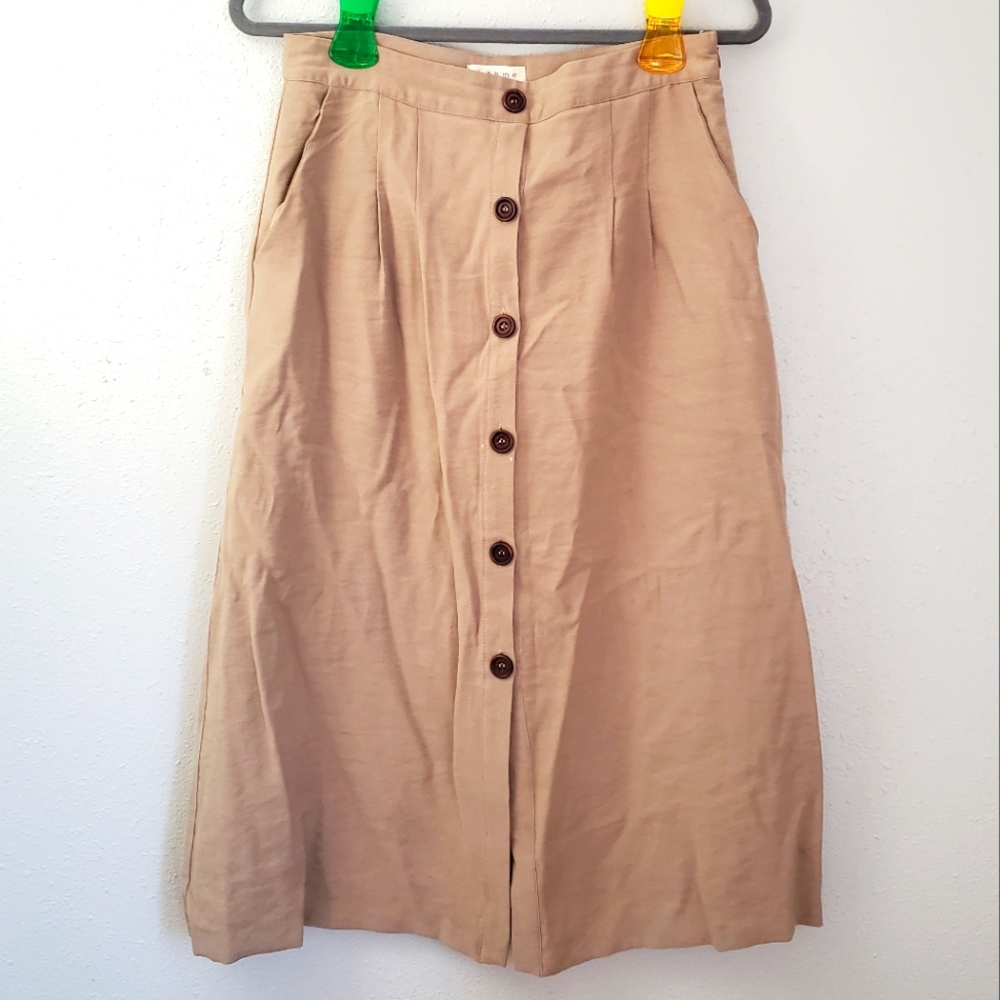 Böhme Tan Knee Pencil Skort wooden buttondown front with pockets side zipper Med